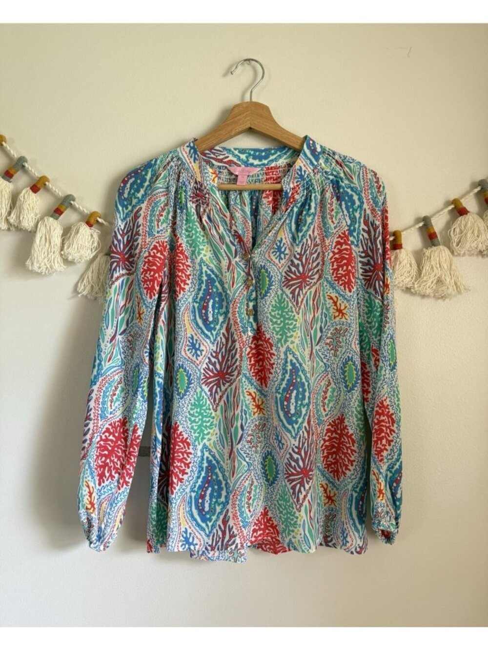 Lilly Pulitzer 100% Silk Coral Reef Printed Long Sleeve Top Resort Wear Tropical